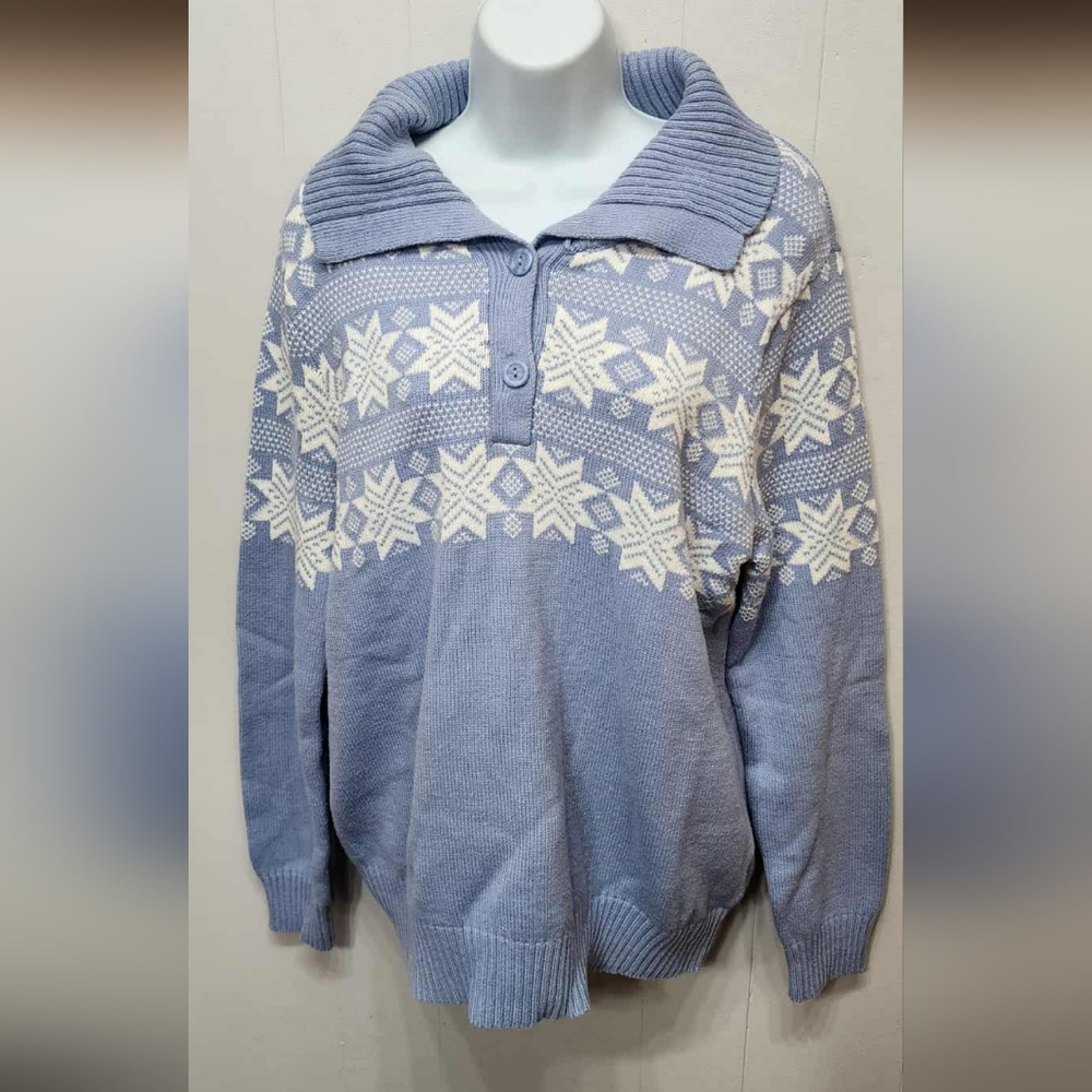 Basic Editions Sweater XXL Blue White‎ Snowflakes Buttons Collared Women's C484Z